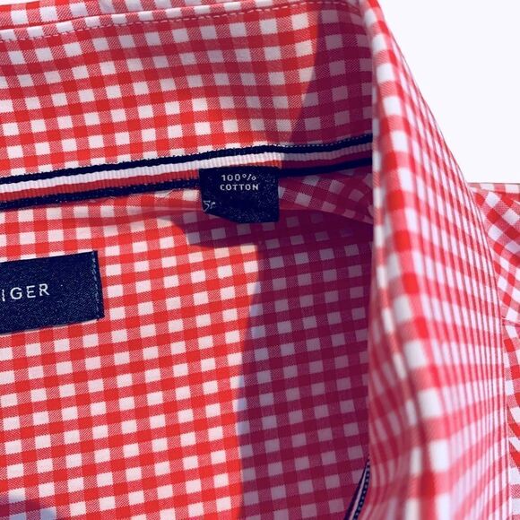 Tommy Hilfiger Men’s Short Sleeve Button Down Cotton Red White Shirt Size 17 XL - Picture 7 of 9